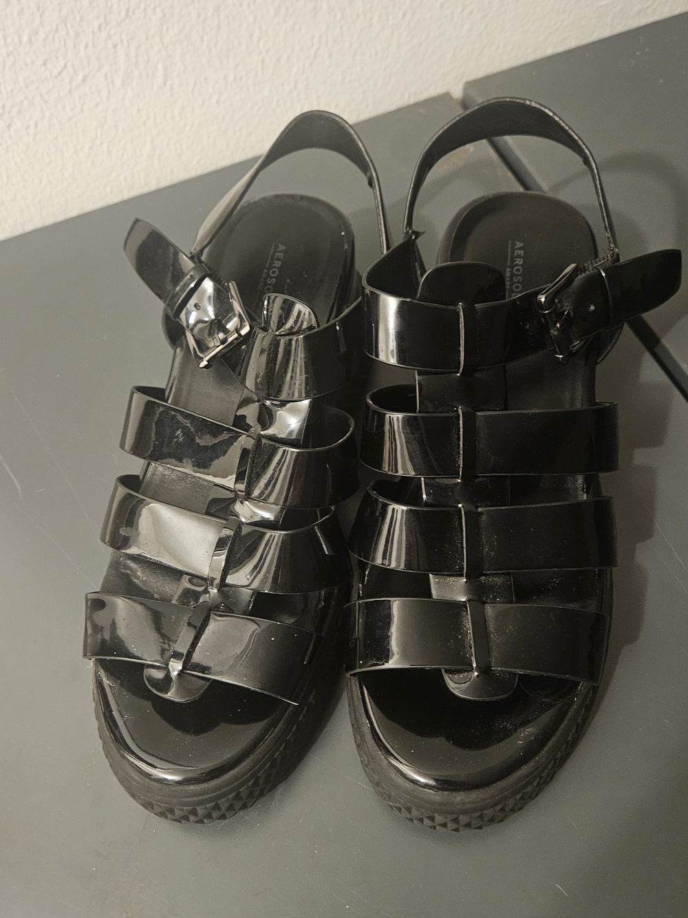 AEROSOLES Black Patent Multi-Strap Platform Sandals